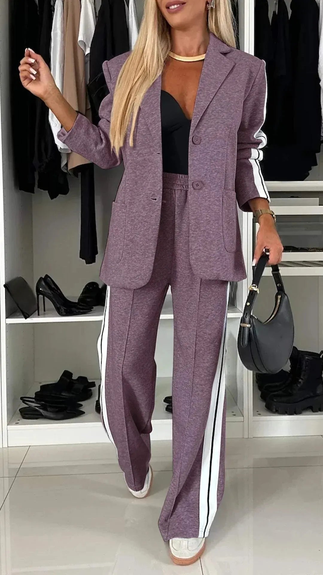 Purple Women's Striped Pantsuit with Oversized Blazer & Wide-Leg Pants — Dora