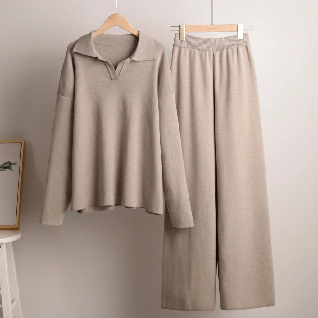 Women's Co-Ord Set with Relaxed Polo Top & Wide-Leg Trousers - Flat Lay Neutral