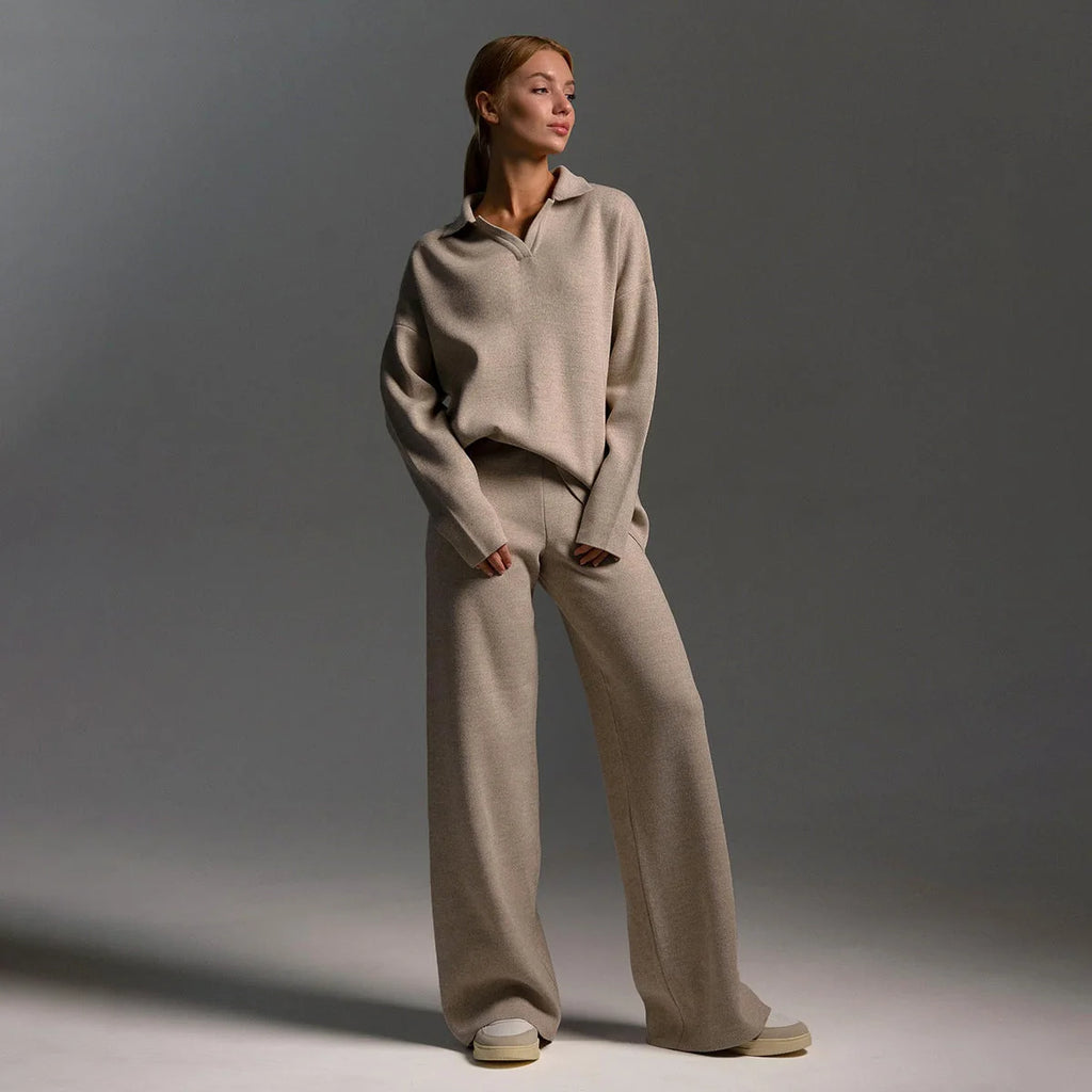 Beige Women's Co-Ord Set with Relaxed Polo Top & Wide-Leg Trousers
