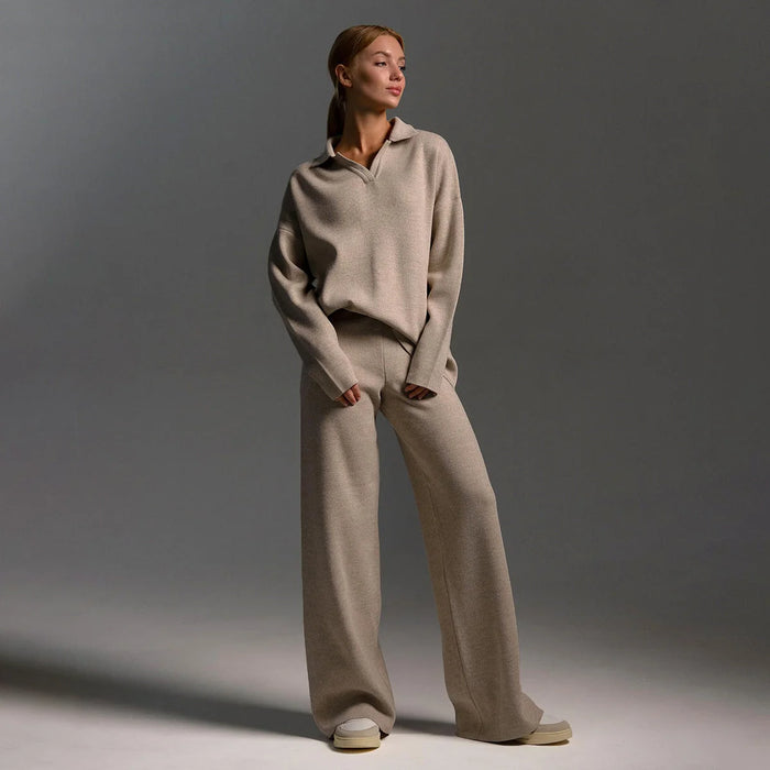 Beige Women's Co-Ord Set with Relaxed Polo Top & Wide-Leg Trousers