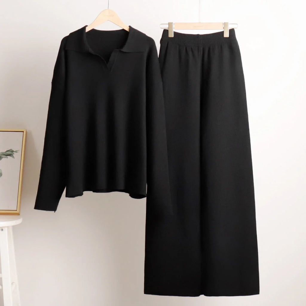 Women's Co-Ord Set with Relaxed Polo Top & Wide-Leg Trousers - Flat Lay