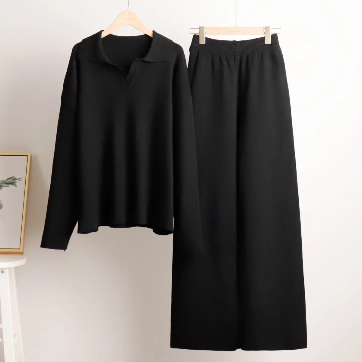 Women's Co-Ord Set with Relaxed Polo Top & Wide-Leg Trousers - Flat Lay
