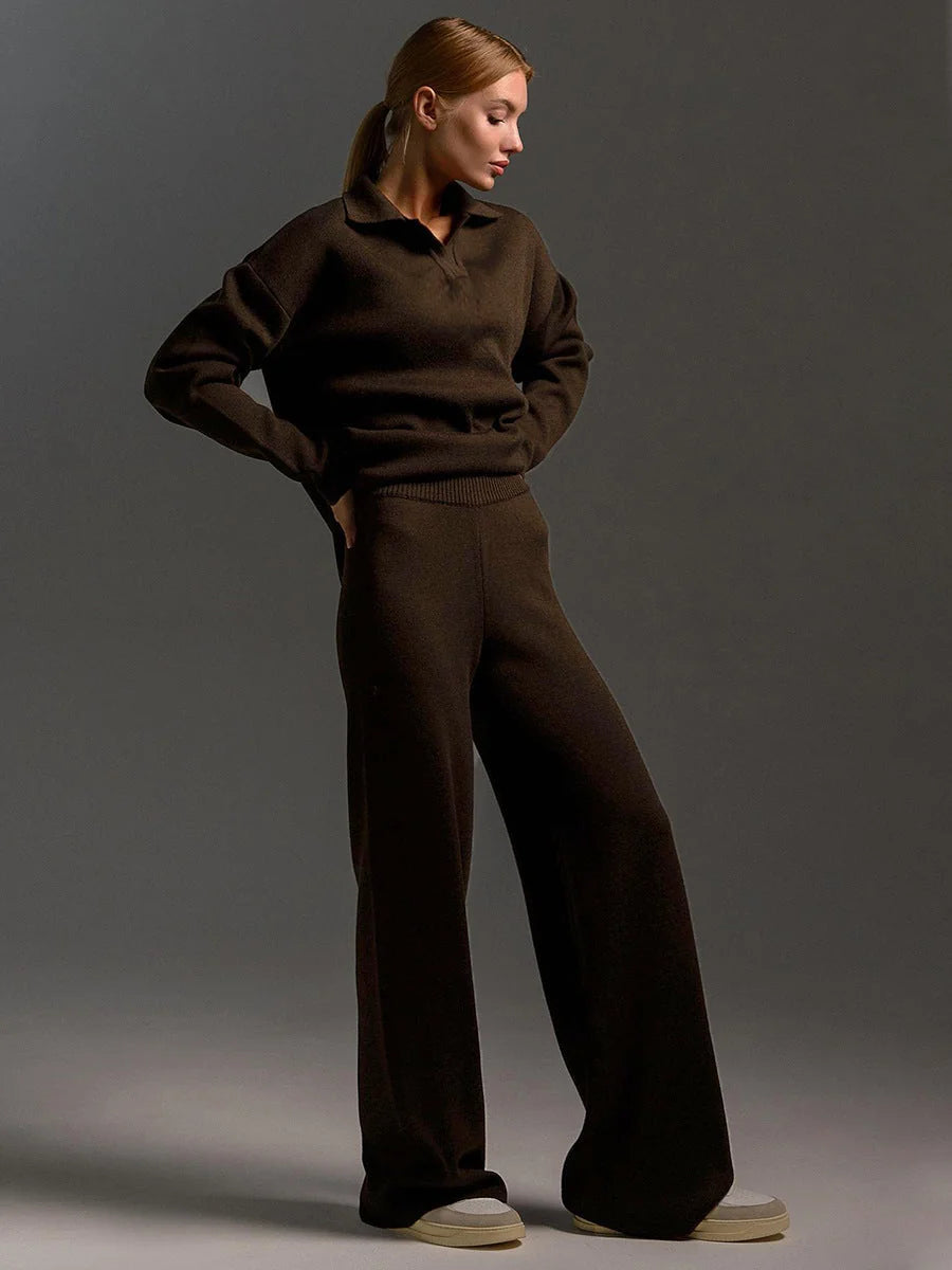 Women's Co-Ord Set with Relaxed Polo Top & Wide-Leg Trousers - Hand On Hip Pose
