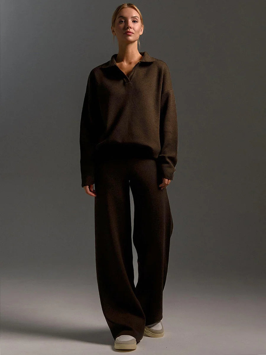 Women's Co-Ord Set with Relaxed Polo Top & Wide-Leg Trousers - Studio Front