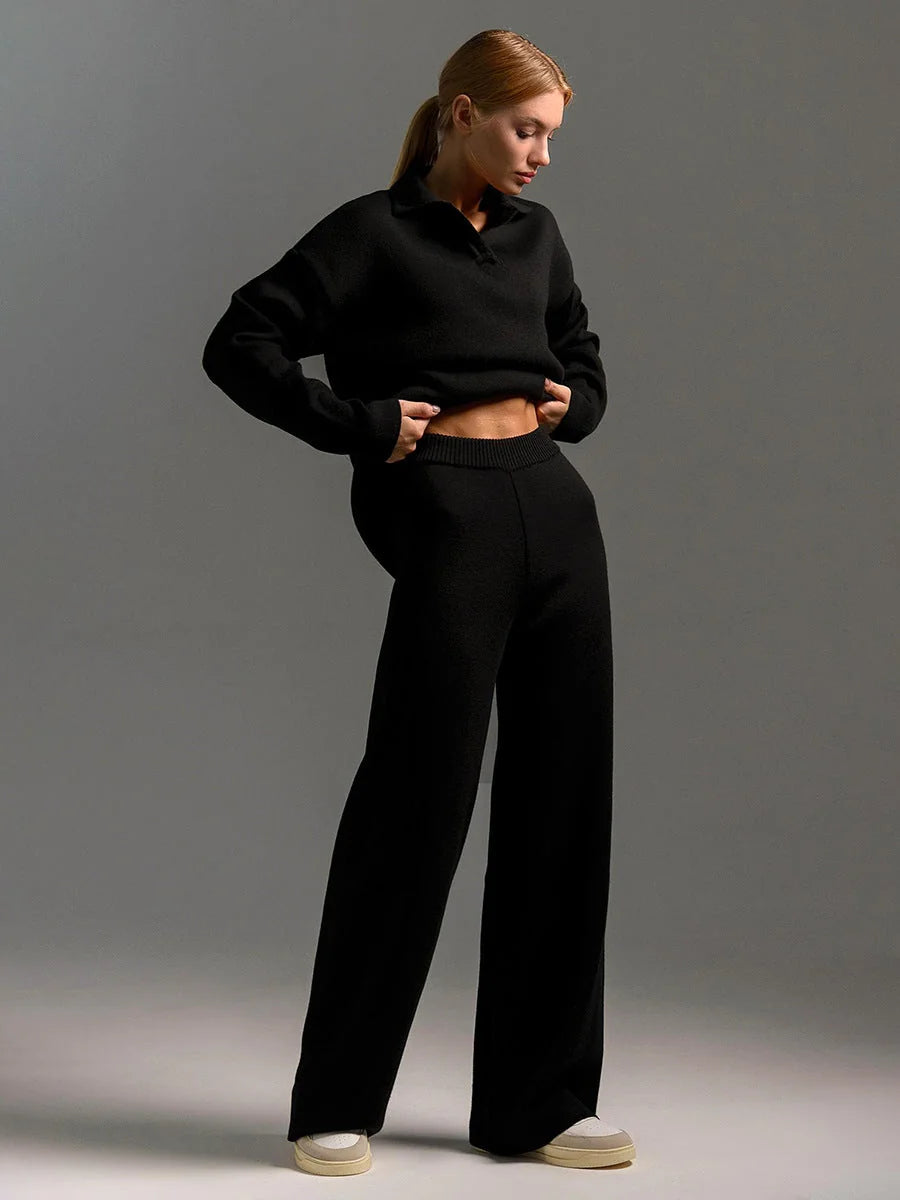 Black Women's Co-Ord Set with Relaxed Polo Top & Wide-Leg Trousers