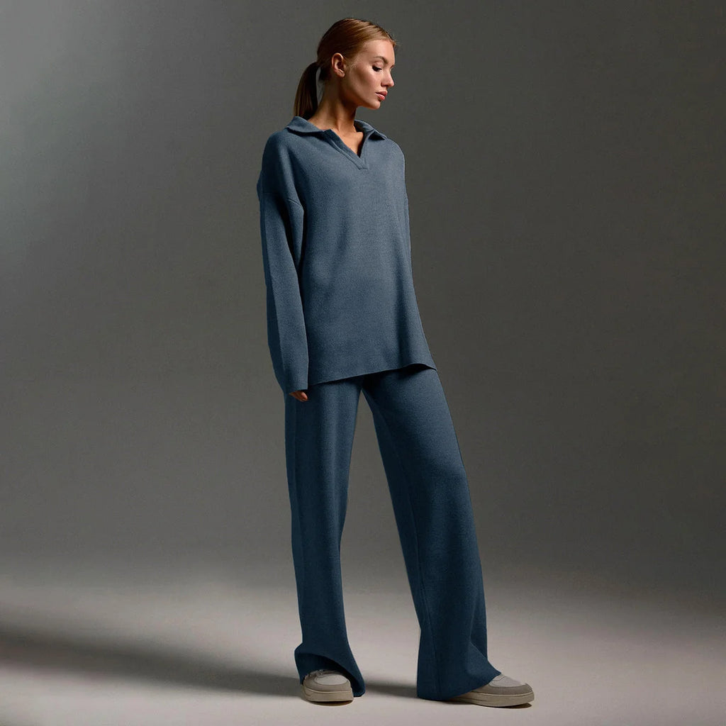 Women's Co-Ord Set with Relaxed Polo Top & Wide-Leg Trousers - Side Pose