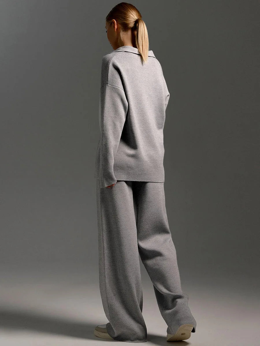 Women's Co-Ord Set with Relaxed Polo Top & Wide-Leg Trousers - Grey Back Full