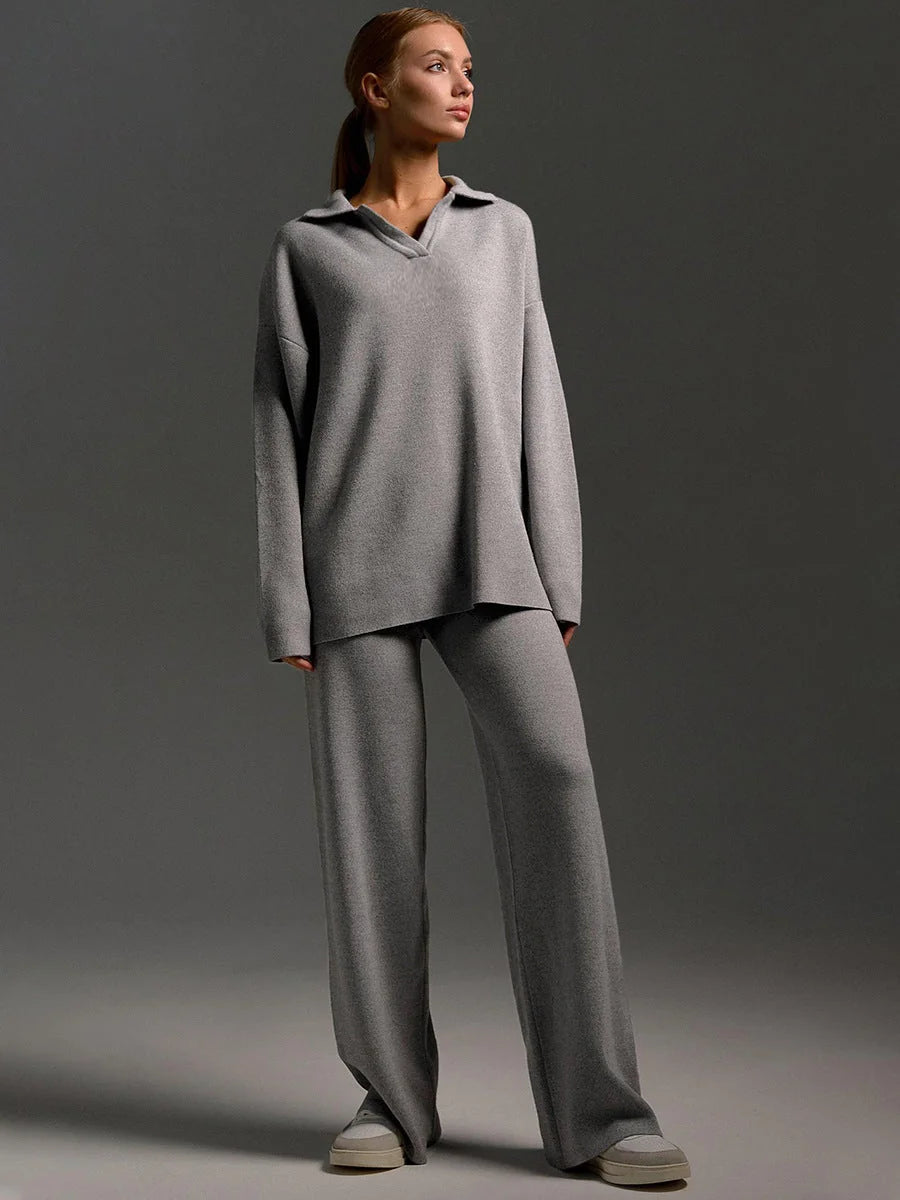 Women's Co-Ord Set with Relaxed Polo Top & Wide-Leg Trousers - Grey Front Full Standing