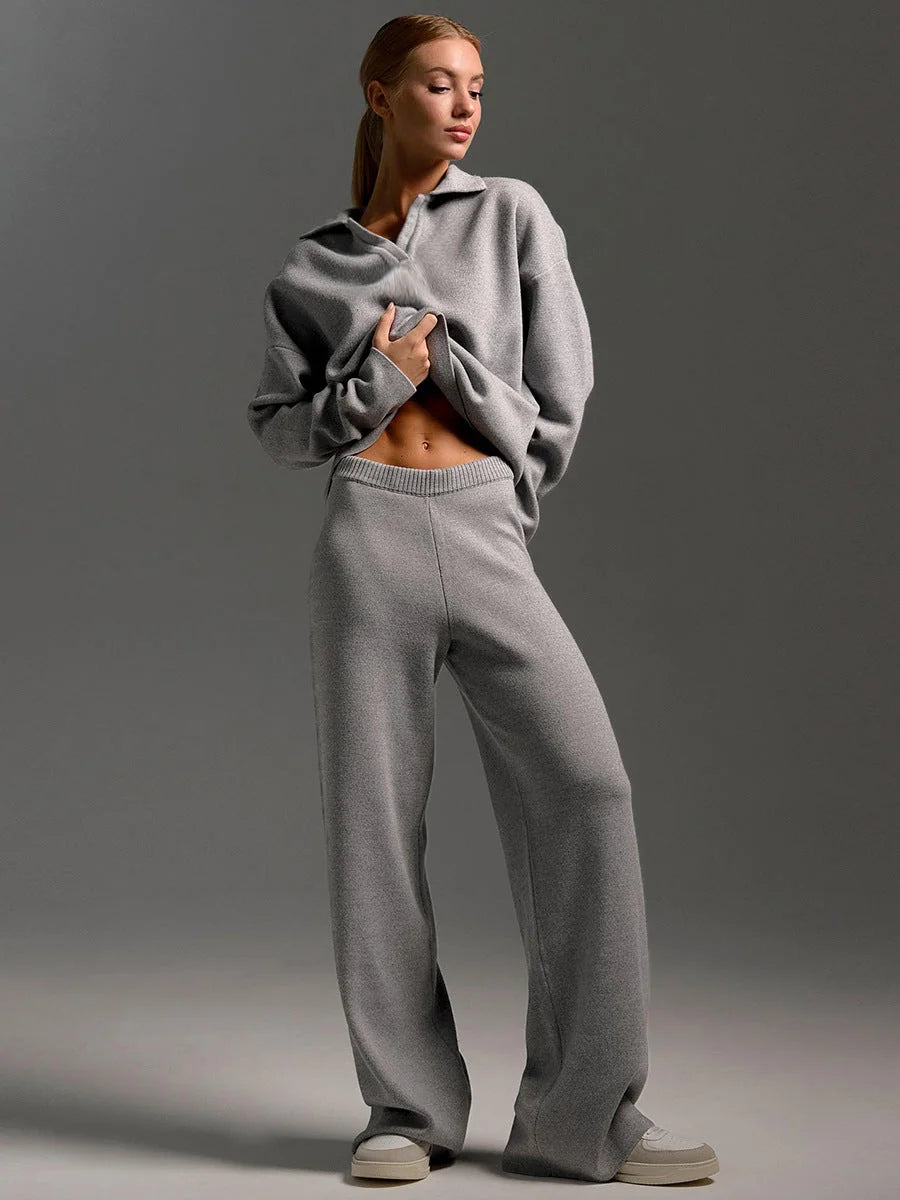Mid Grey Women's Co-Ord Set with Relaxed Polo Top & Wide-Leg Trousers