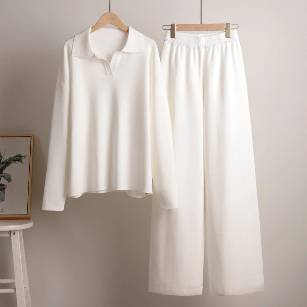 Women's Co-Ord Set with Relaxed Polo Top & Wide-Leg Trousers - Flat Lay