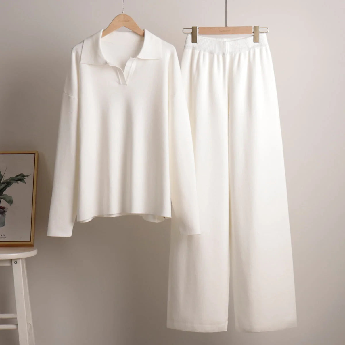 Women's Co-Ord Set with Relaxed Polo Top & Wide-Leg Trousers - Flat Lay