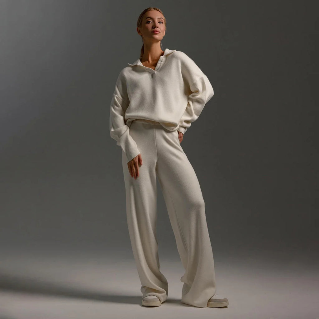 White Women's Co-Ord Set with Relaxed Polo Top & Wide-Leg Trousers