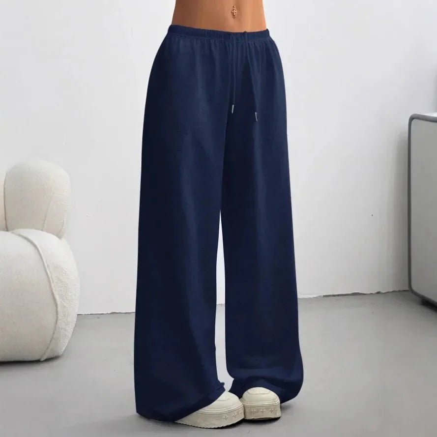 Dark Blue Women's Wide Leg Sweatpants with Relaxed Fit & Drawstring Waist - Front Pose