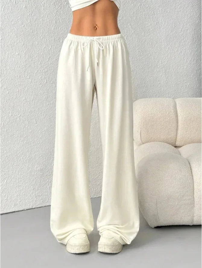 White Women's Wide Leg Sweatpants with Relaxed Fit & Drawstring Waist - Lifestyle Indoor