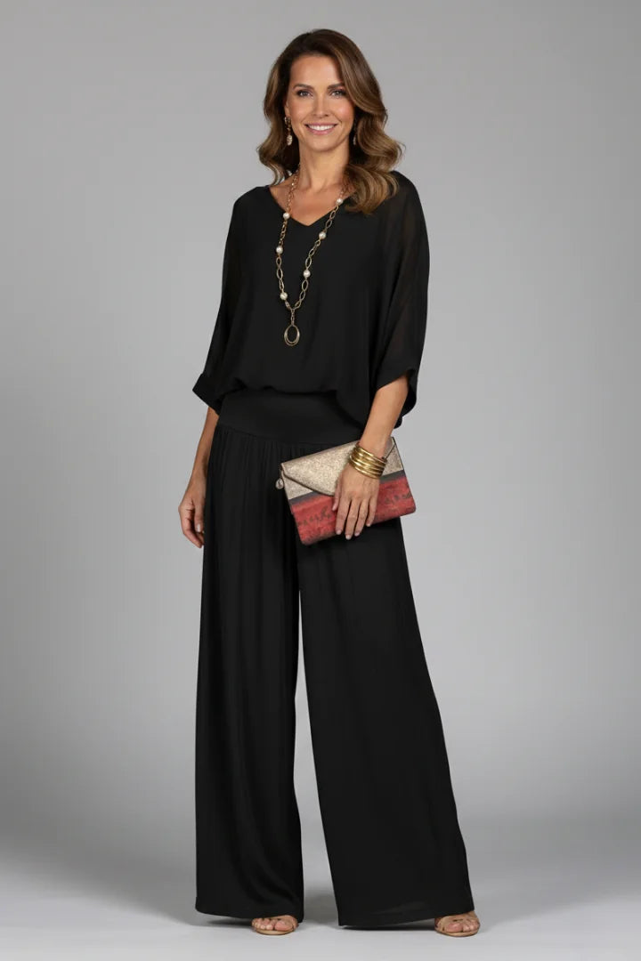 Black Women's Wide Leg Two Piece Set with V-Neck Blouson Top & Elastic Waist