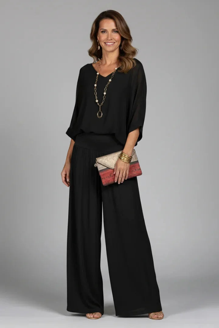 Black Women's Wide Leg Two Piece Set with V-Neck Blouson Top