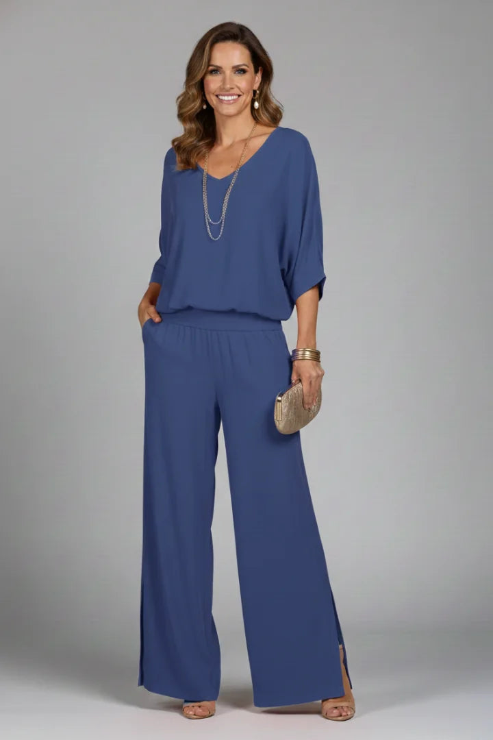 Blue Women's Wide Leg Two Piece Set with V-Neck Blouson Top & Elastic Waist