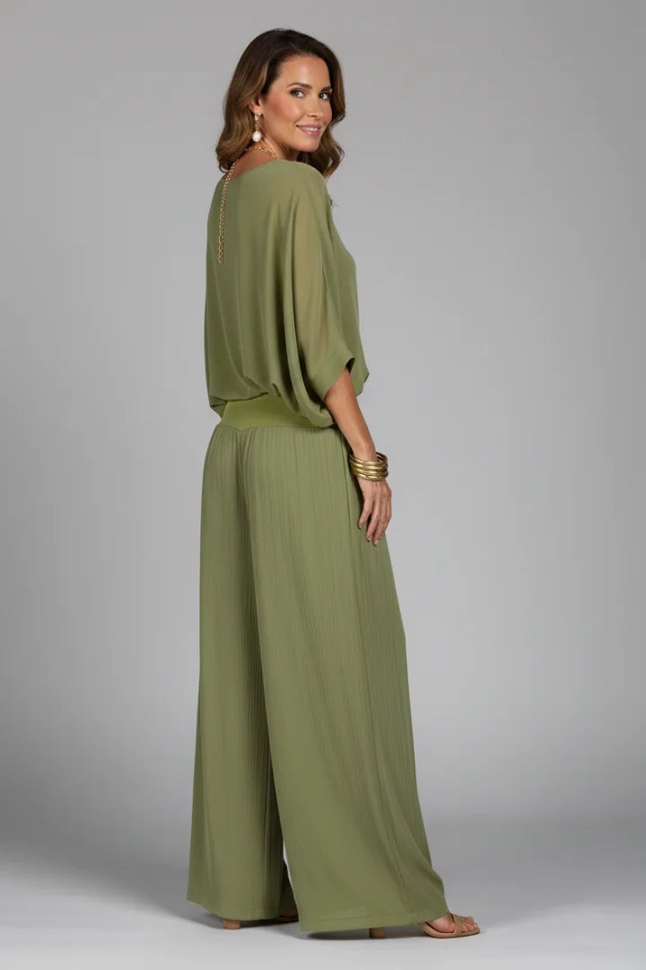 Green Women's Wide Leg Two Piece Set with V-Neck Blouson Top & Elastic Waist — Lilith - Back Full