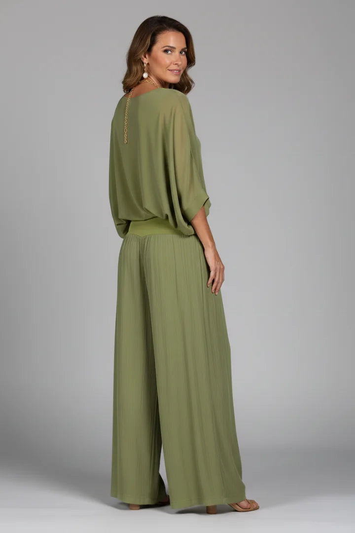 Green Women's Wide Leg Two Piece Set with V-Neck Blouson Top & Elastic Waist — Lilith - Back Pose