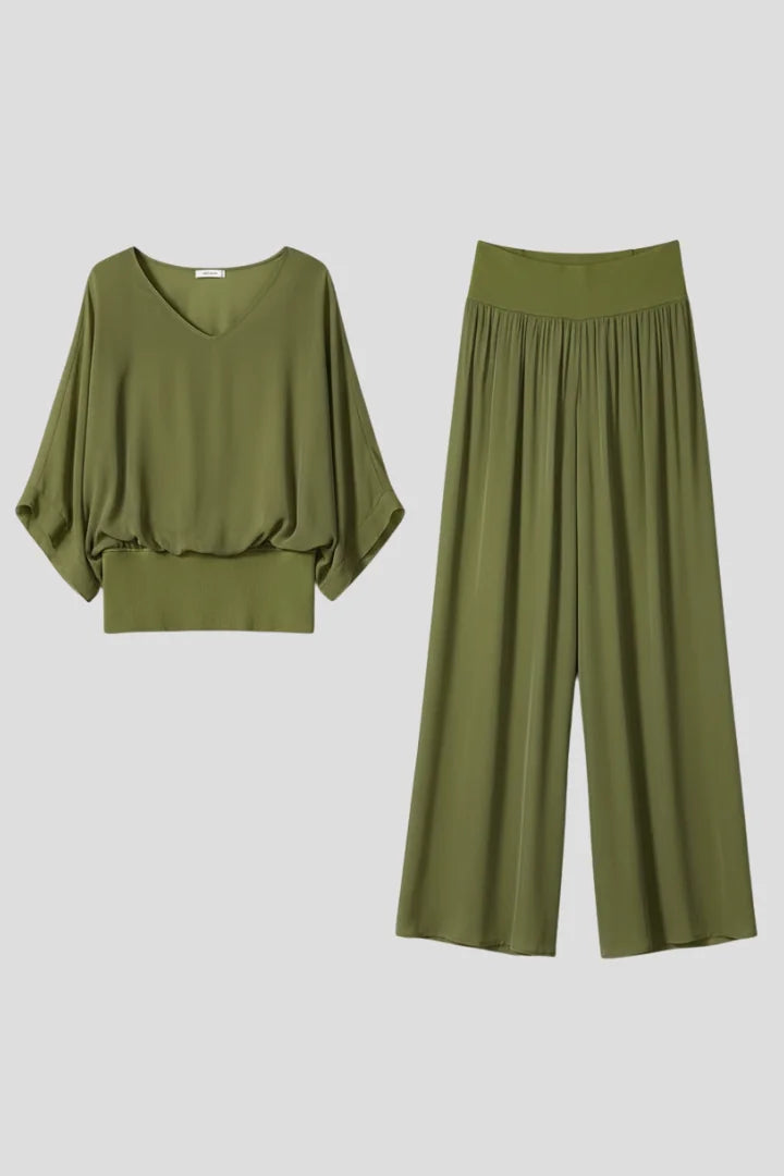 Green Women's Wide Leg Two Piece Set with V-Neck Blouson Top & Elastic Waist — Lilith - Flat Lay