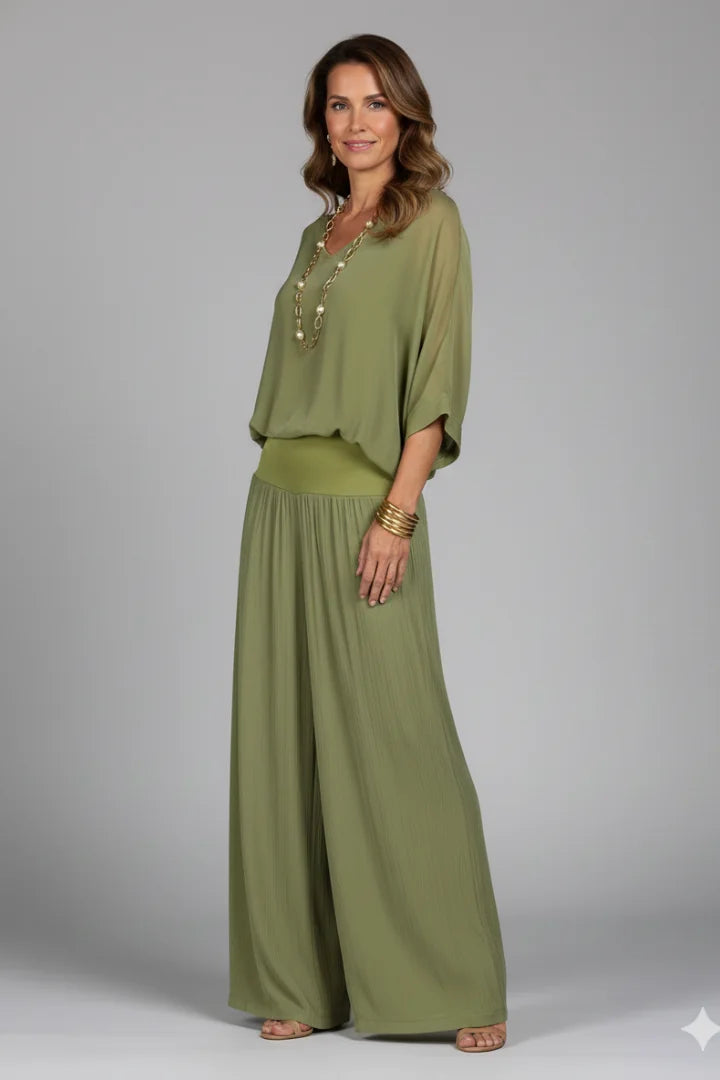 Green Women's Wide Leg Two Piece Set with V-Neck Blouson Top & Elastic Waist — Lilith - Side Profile