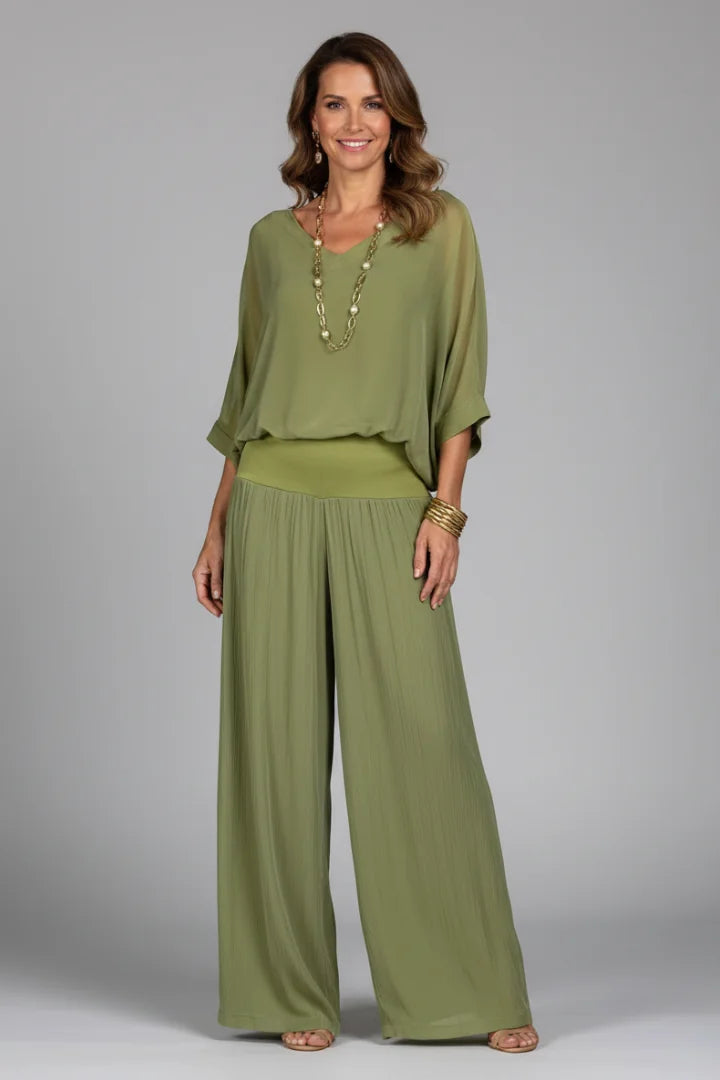Green Women's Wide Leg Two Piece Set with V-Neck Blouson Top & Elastic Waist