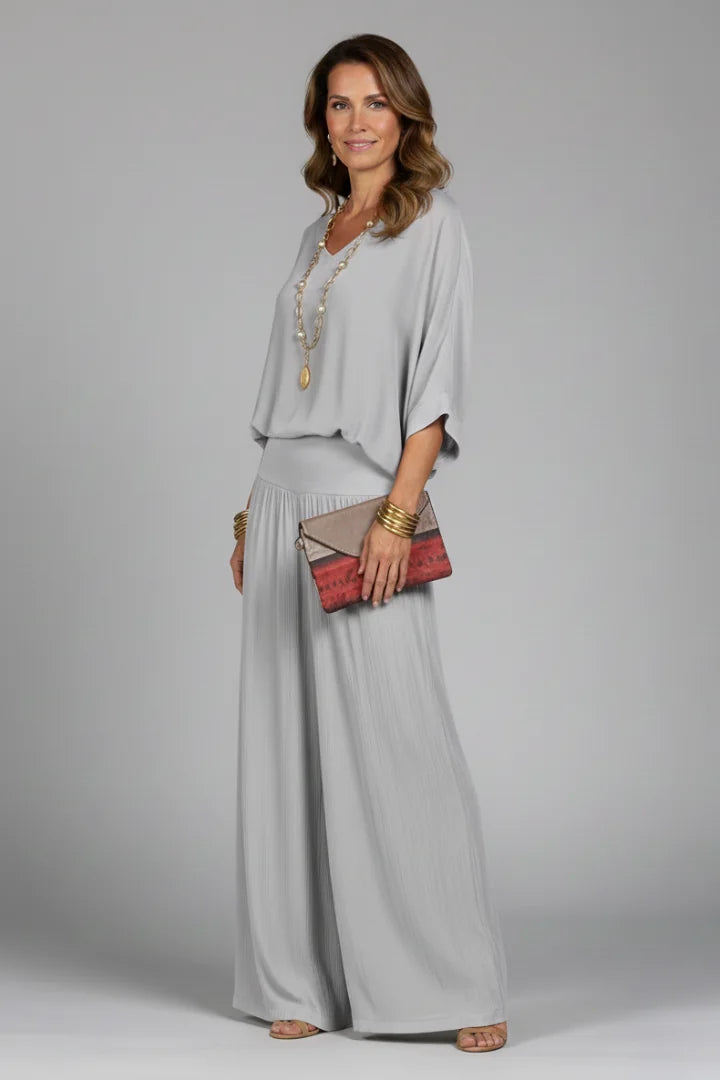 Grey Women's Wide Leg Two Piece Set with V-Neck Blouson Top & Elastic Waist