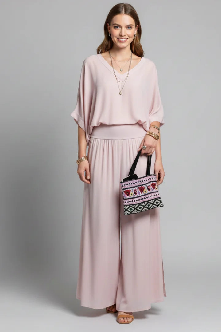 Pink Women's Wide Leg Two Piece Set with V-Neck Blouson Top & Elastic Waist