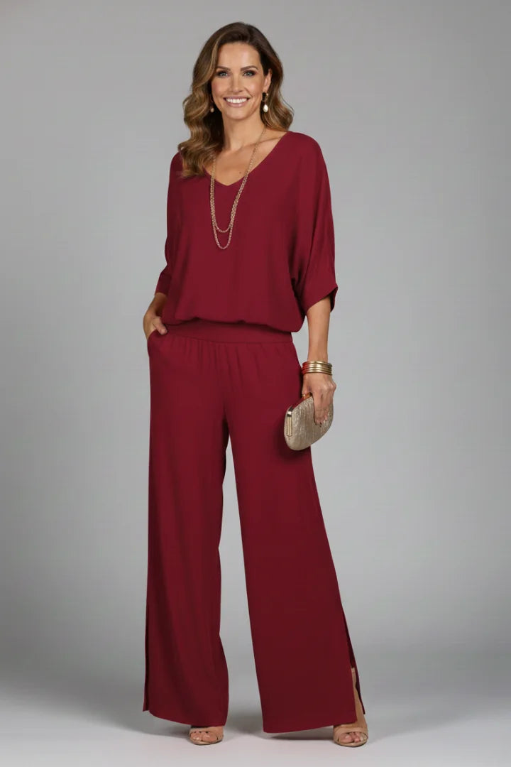 Red Women's Wide Leg Two Piece Set with V-Neck Blouson Top & Elastic Waist — Lilith - Front Full Clutch Burgundy