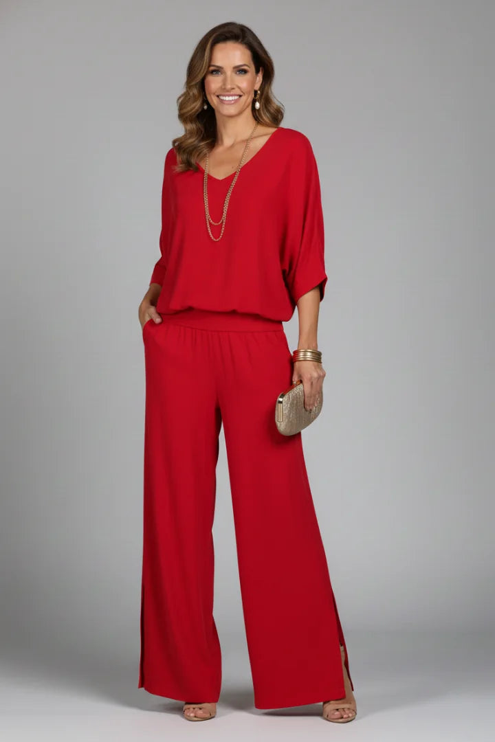 Red Women's Wide Leg Two Piece Set with V-Neck Blouson Top & Elastic Waist