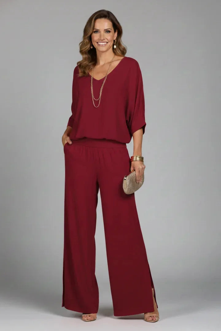 Rose Red Women's Wide Leg Two Piece Set with V-Neck Blouson Top - Front Full Pose