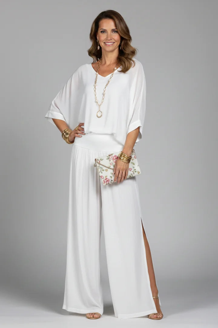 White Women's Wide Leg Two Piece Set with V-Neck Blouson Top & Elastic Waist - Front Slit Detail
