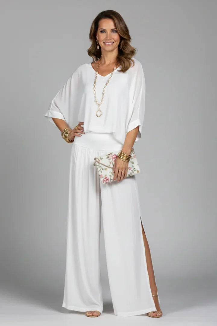 White Women's Wide Leg Two Piece Set with V-Neck Blouson Top