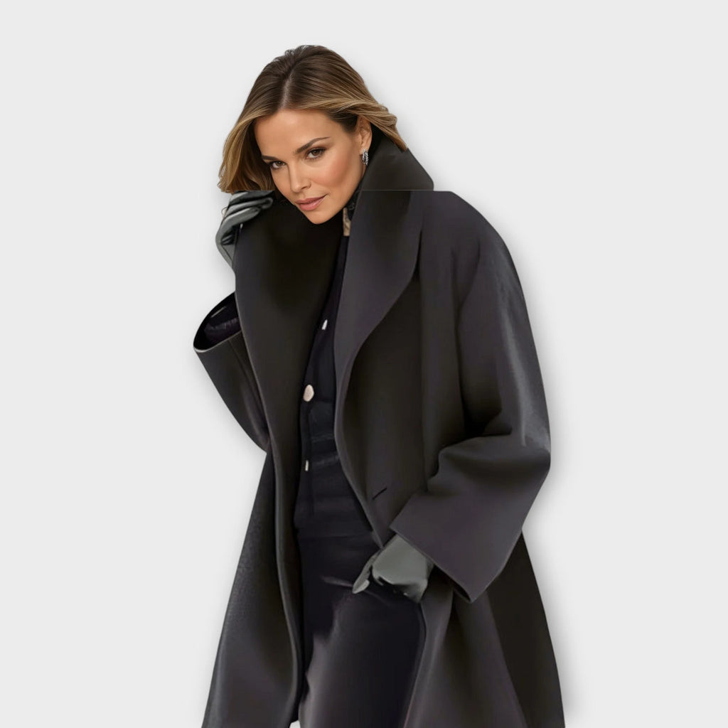 Black Women's Windproof Coat with Oversized Collar & Relaxed Fit