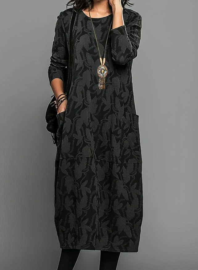 Black Women's Winter Dress with Side Pockets & Relaxed Midi Fit — Catherine