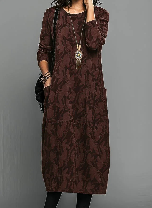 Burgundy Women's Winter Dress with Side Pockets & Relaxed Midi Fit — Catherine - Front Pose