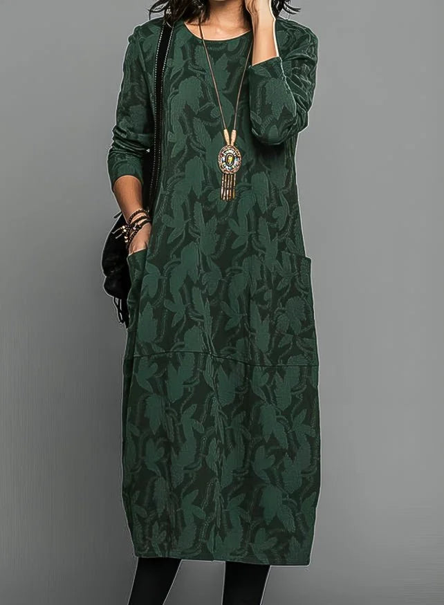 Green Women's Winter Dress with Side Pockets & Relaxed Midi Fit — Catherine