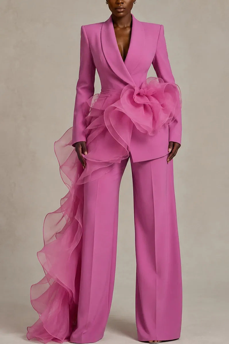 Pink Women's Ruffle Suit with Asymmetrical Blazer & Wide-Leg Pants