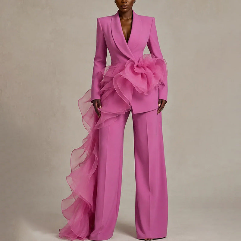 Pink Women's Ruffle Suit with Asymmetrical Blazer & Wide-Leg Pants