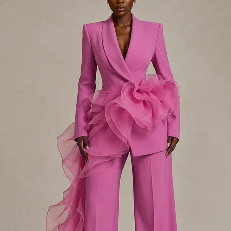 Pink Women's Ruffle Suit with Asymmetrical Blazer & Wide-Leg Pants
