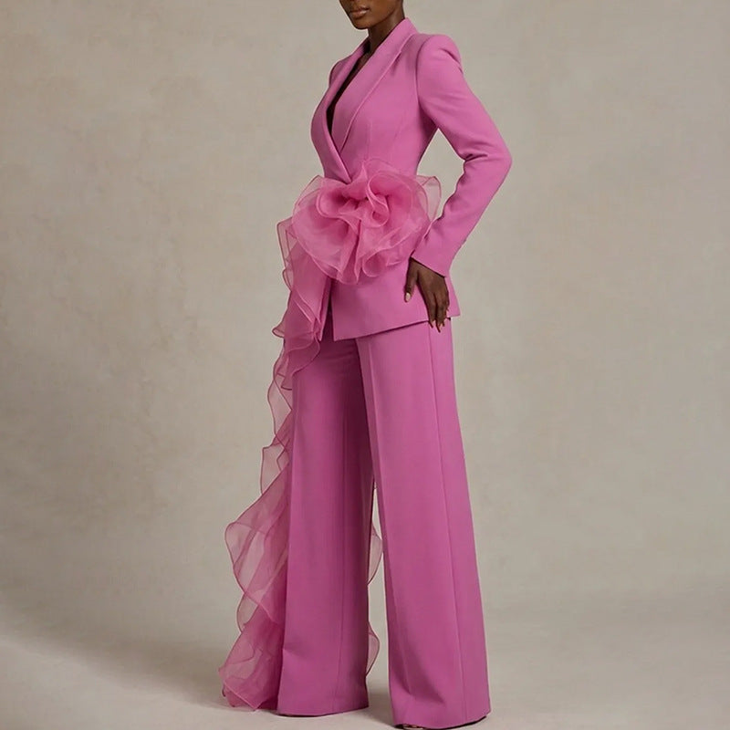 Pink Women's Ruffle Suit with Asymmetrical Blazer & Wide-Leg Pants