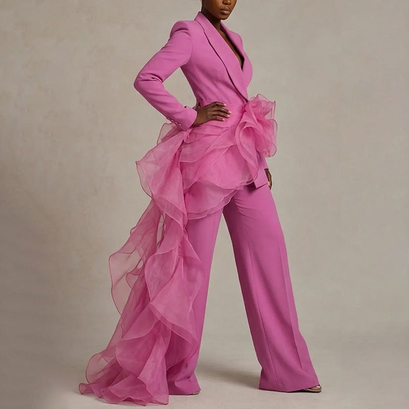 Pink Women's Ruffle Suit with Asymmetrical Blazer & Wide-Leg Pants