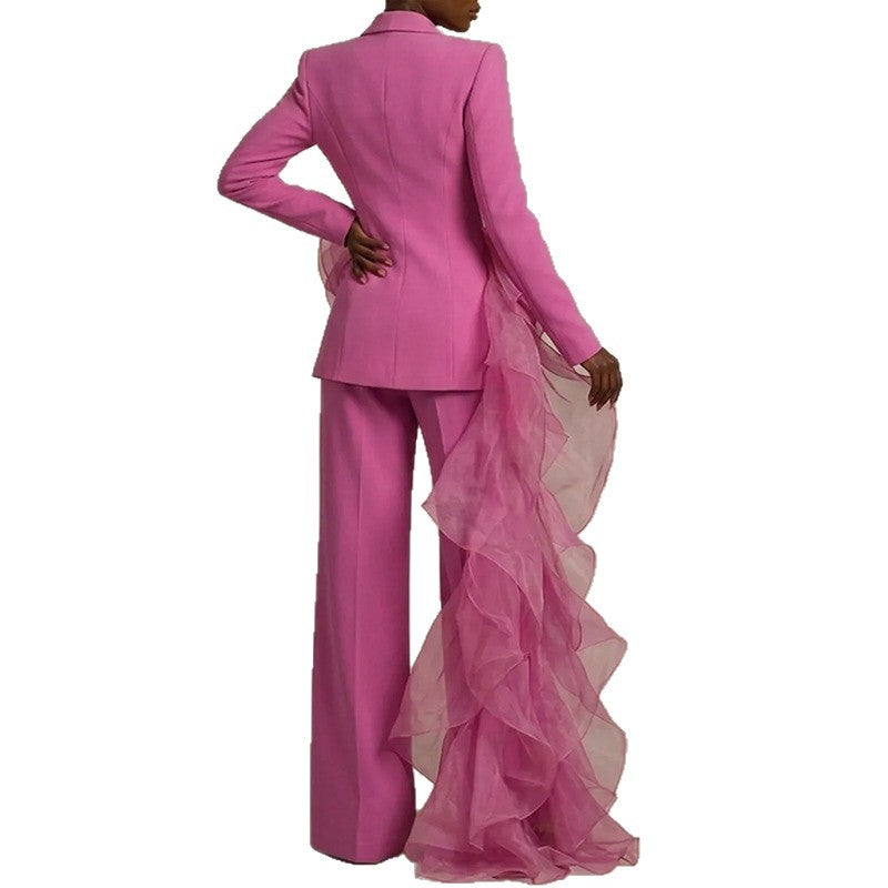 Pink Women's Ruffle Suit with Asymmetrical Blazer & Wide-Leg Pants