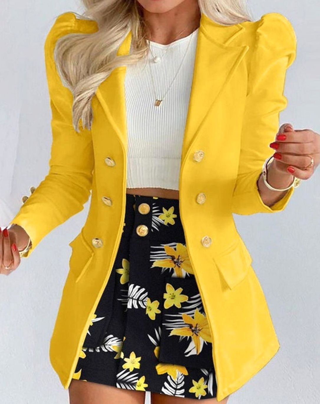 Yellow Women's Blazer Skirt Set with Puff Sleeves & Tailored Fit