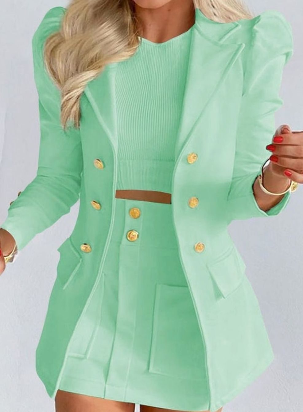 Light Green Women's Blazer Skirt Set with Puff Sleeves & Tailored Fit
