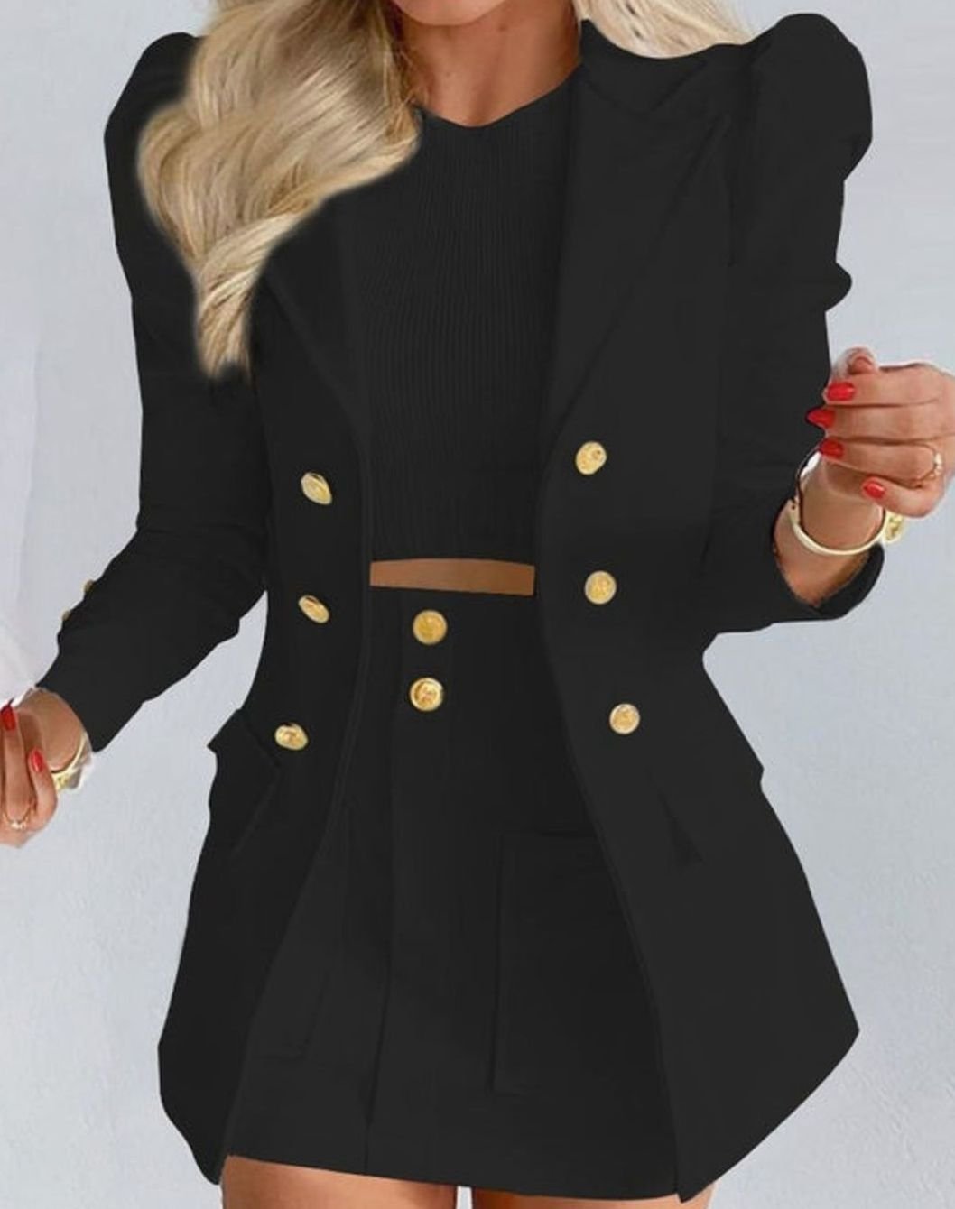 Black Women's Blazer Skirt Set with Puff Sleeves & Tailored Fit