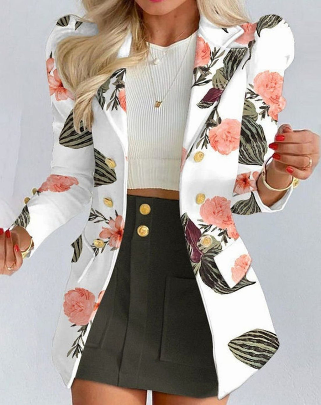 White - Black Women's Blazer Skirt Set with Puff Sleeves & Tailored Fit