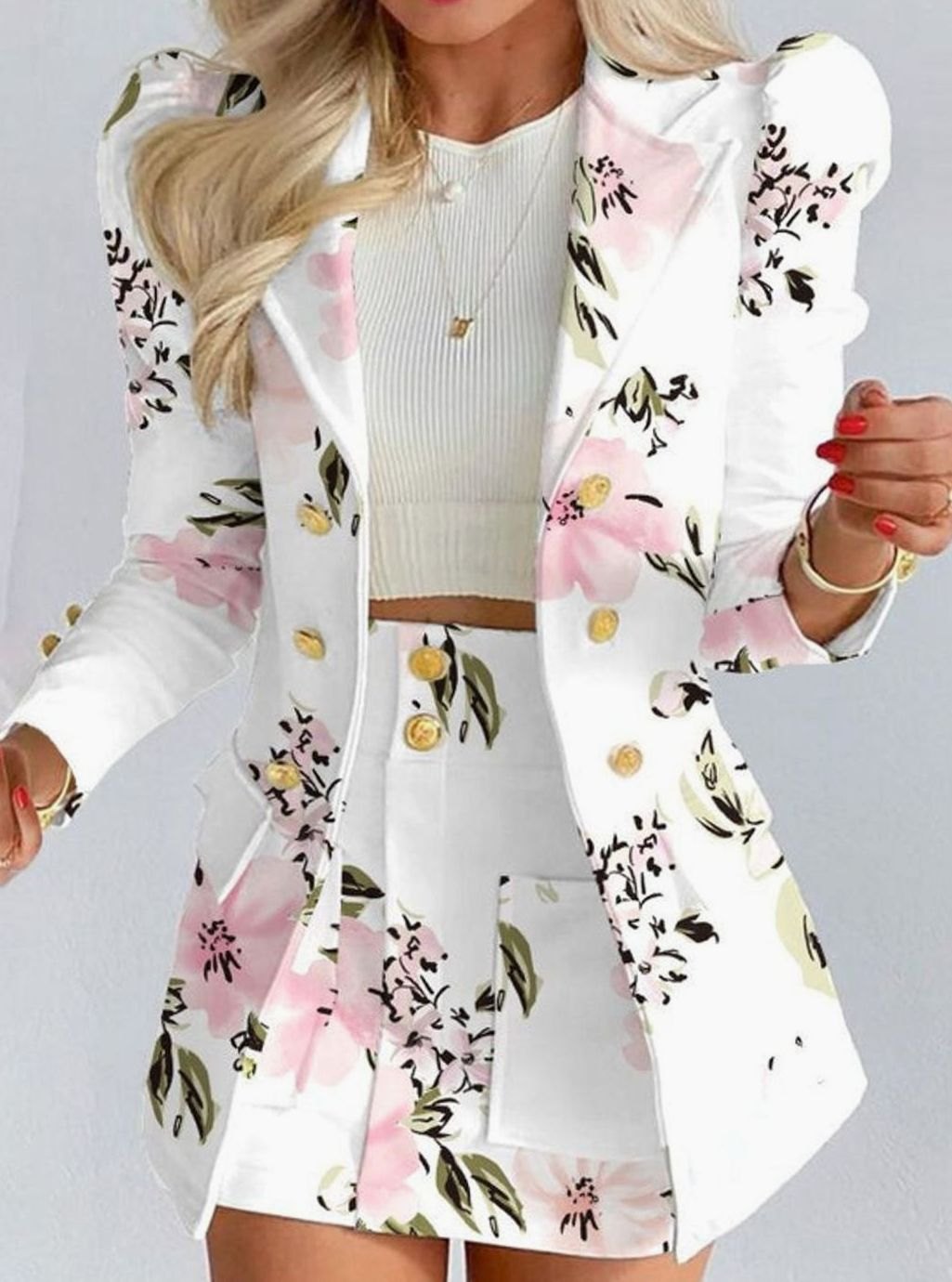 White - Floral Women's Blazer Skirt Set with Puff Sleeves & Tailored Fit - Women's Blazer Skirt Set with Puff Sleeves & Tailo