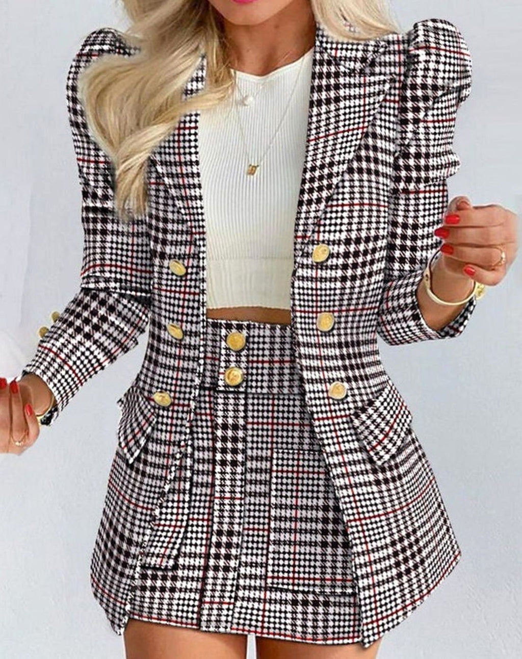 Black - Checkered Women's Blazer Skirt Set with Puff Sleeves & Tailored Fit - Women's Blazer Skirt Set with Puff Sleeves & Ta