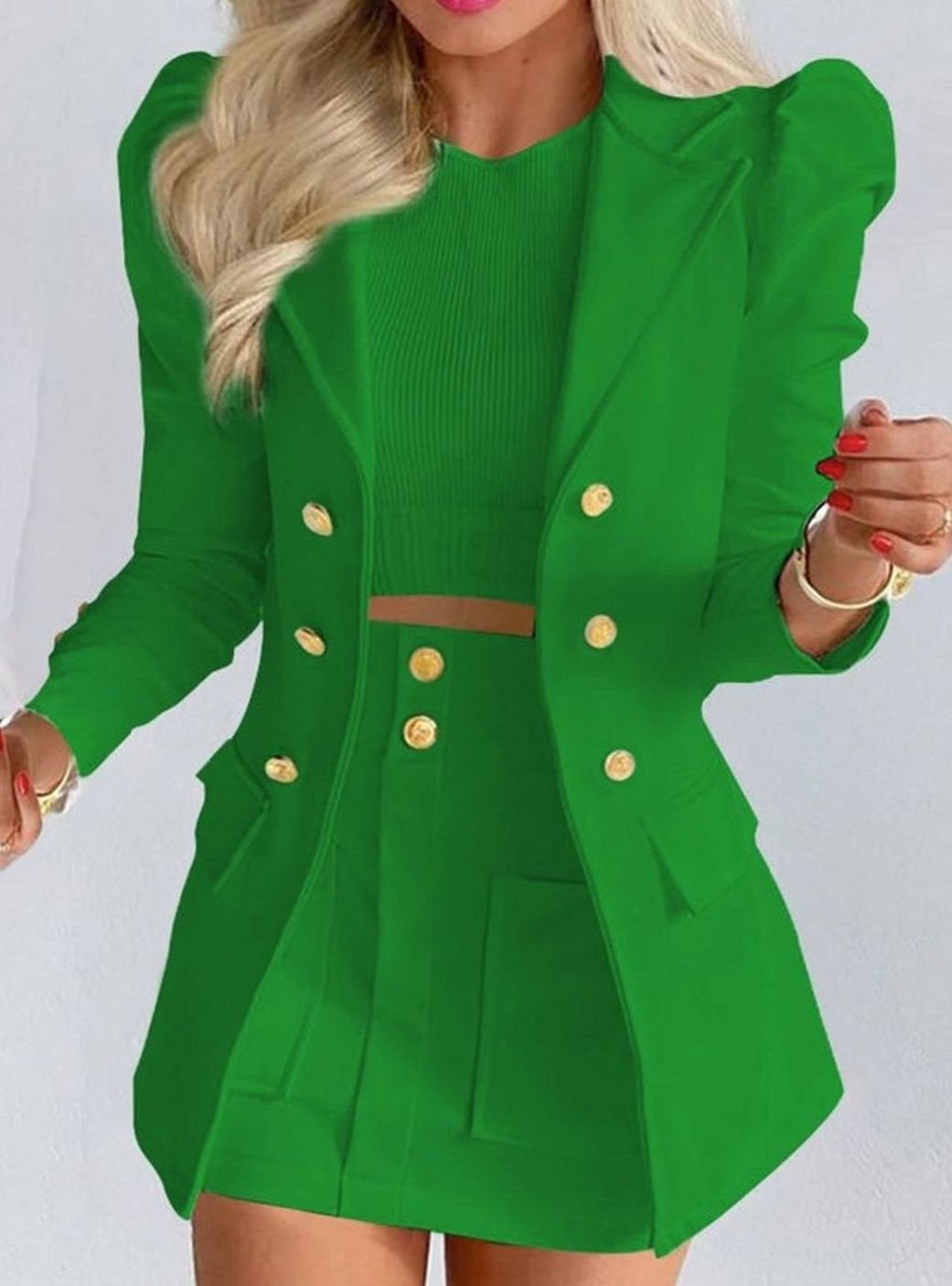 Green Women's Blazer Skirt Set with Puff Sleeves & Tailored Fit